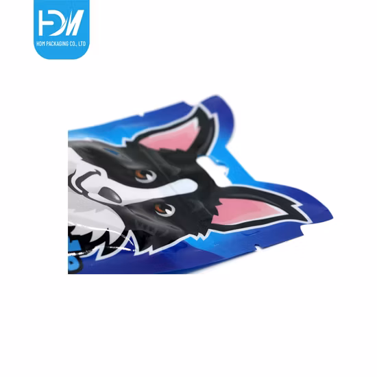 Sacchetti in foglio di alluminio con logo stampato personalizzato con cerniera superiore Otto sacchetti in plastica vuoti con fondo piatto con chiusura laterale per il confezionamento di alimenti per animali domestici